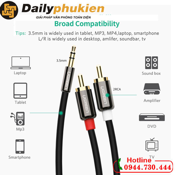 Dây Audio 3.5mm to 2 đầu RCA cao cấp Ugreen 10584