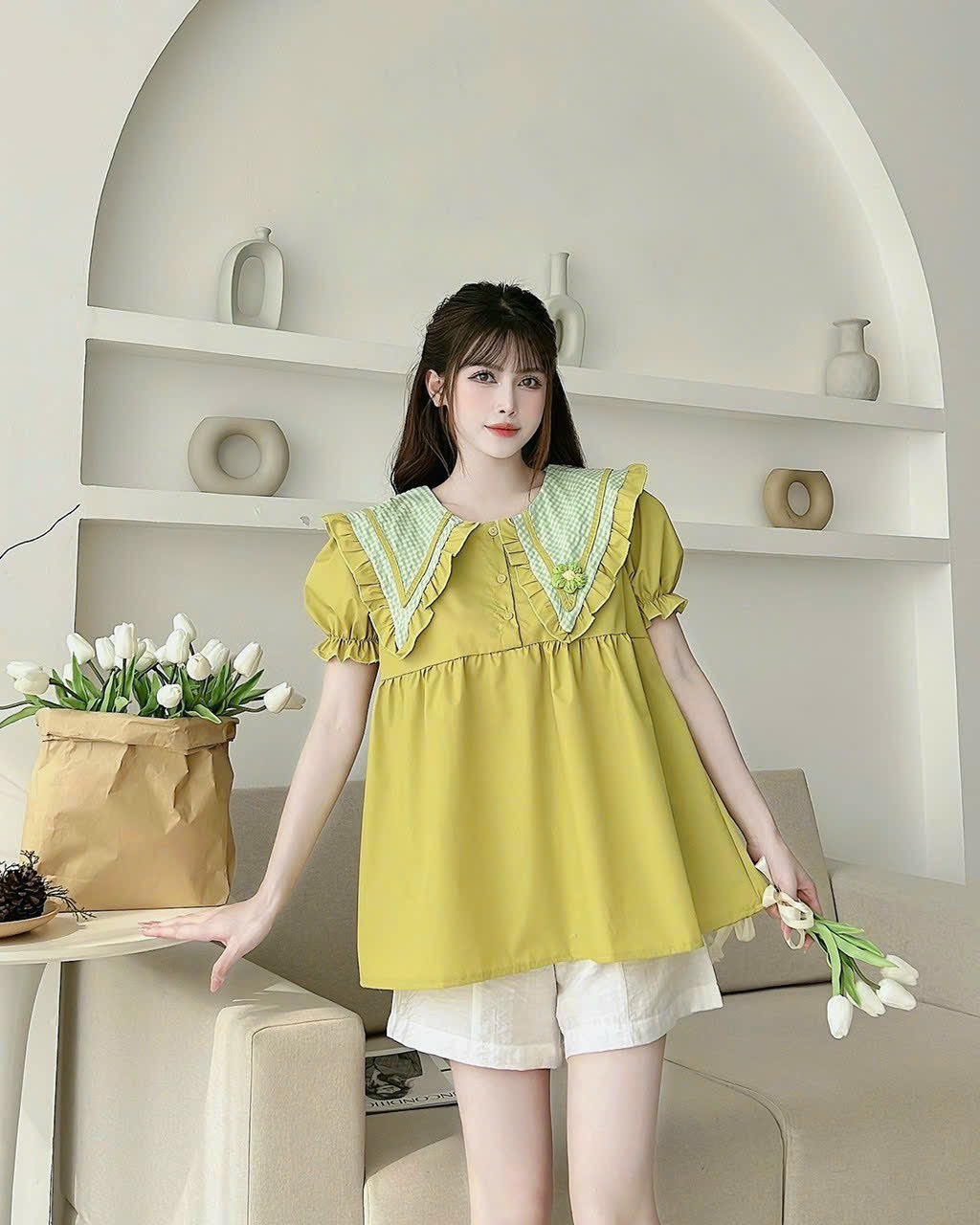 [FREESHIPMAX] áo bầu sơ mi trẻ trung cho mẹ bầu