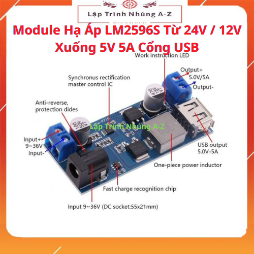 Module hạ áp lm2596s từ 24v / 12v xuống 5v 5a cổng usb