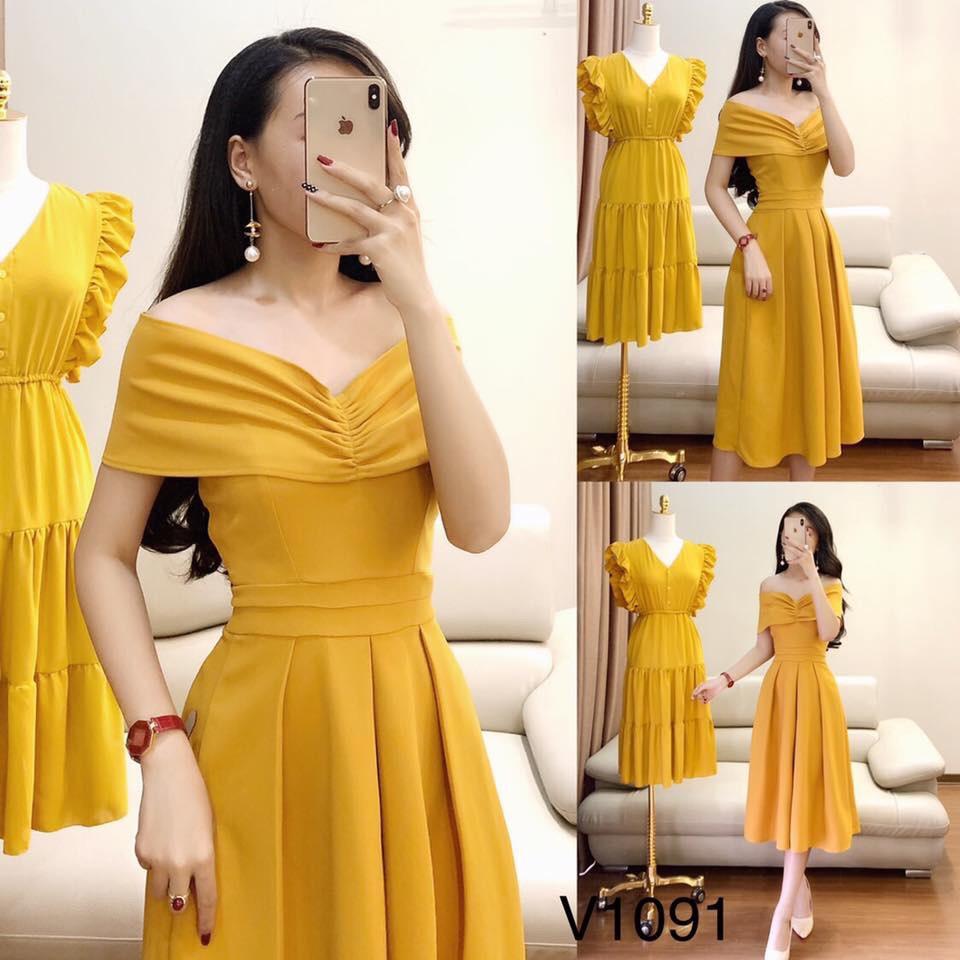 Đầm maxi nữ trễ vai chất kate lụa freesize dưới 55kg vàng đỏ