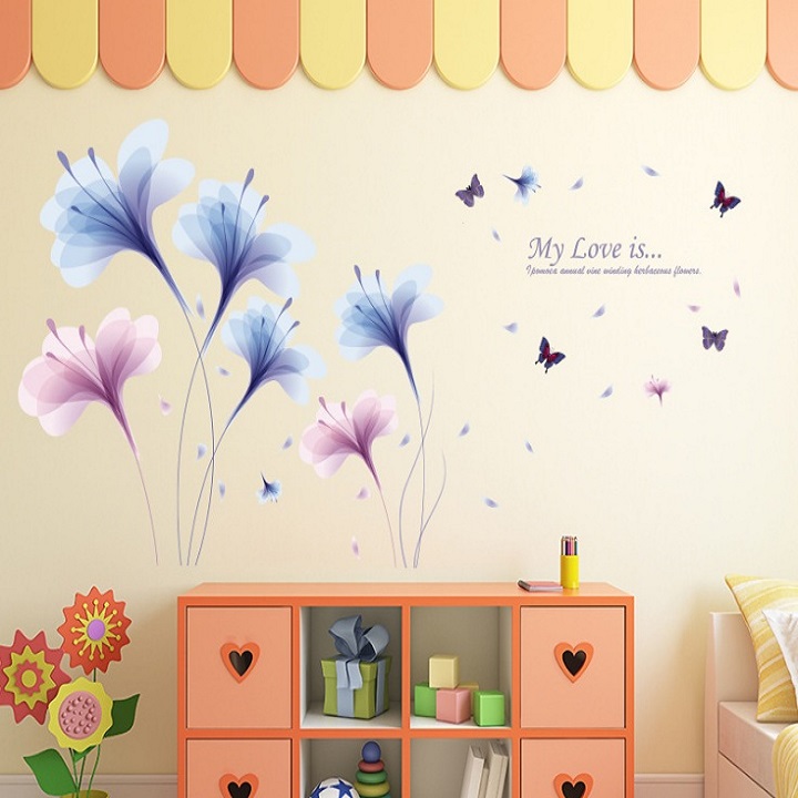 Decal dán tường Hoa cánh mỏng xanh