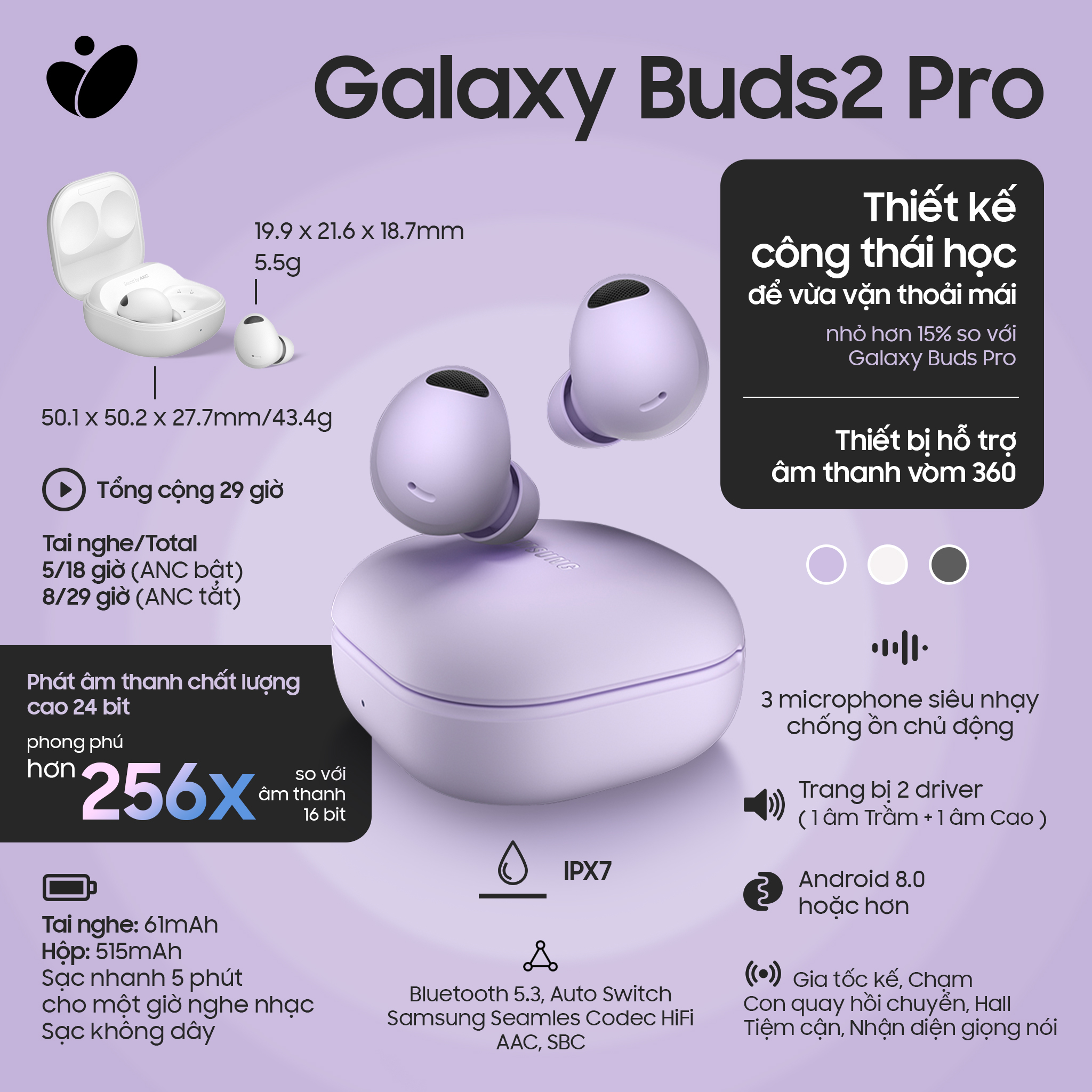 Tai Nghe Bluetooth  Buds 2 Pro (Đen Graphite)  Buds 2 Pro - Bluetooth True Wireless Tai nghe Bluetooth True Wireless Buds 2 Pro Tím Bora Tai Nghe Buds2 Pro giá rẻ Tháng 7,2023