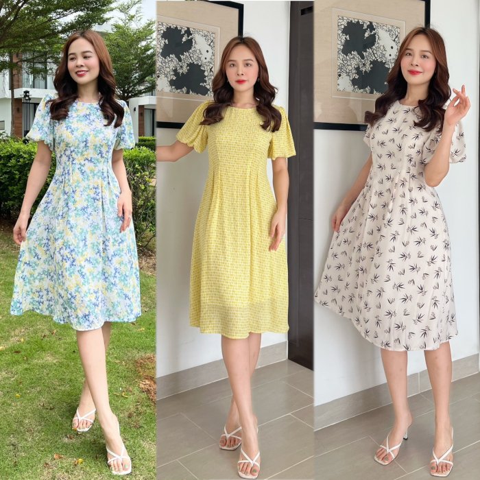 Đầm xòe hoa tay bồng xếp ly eo - MS0230