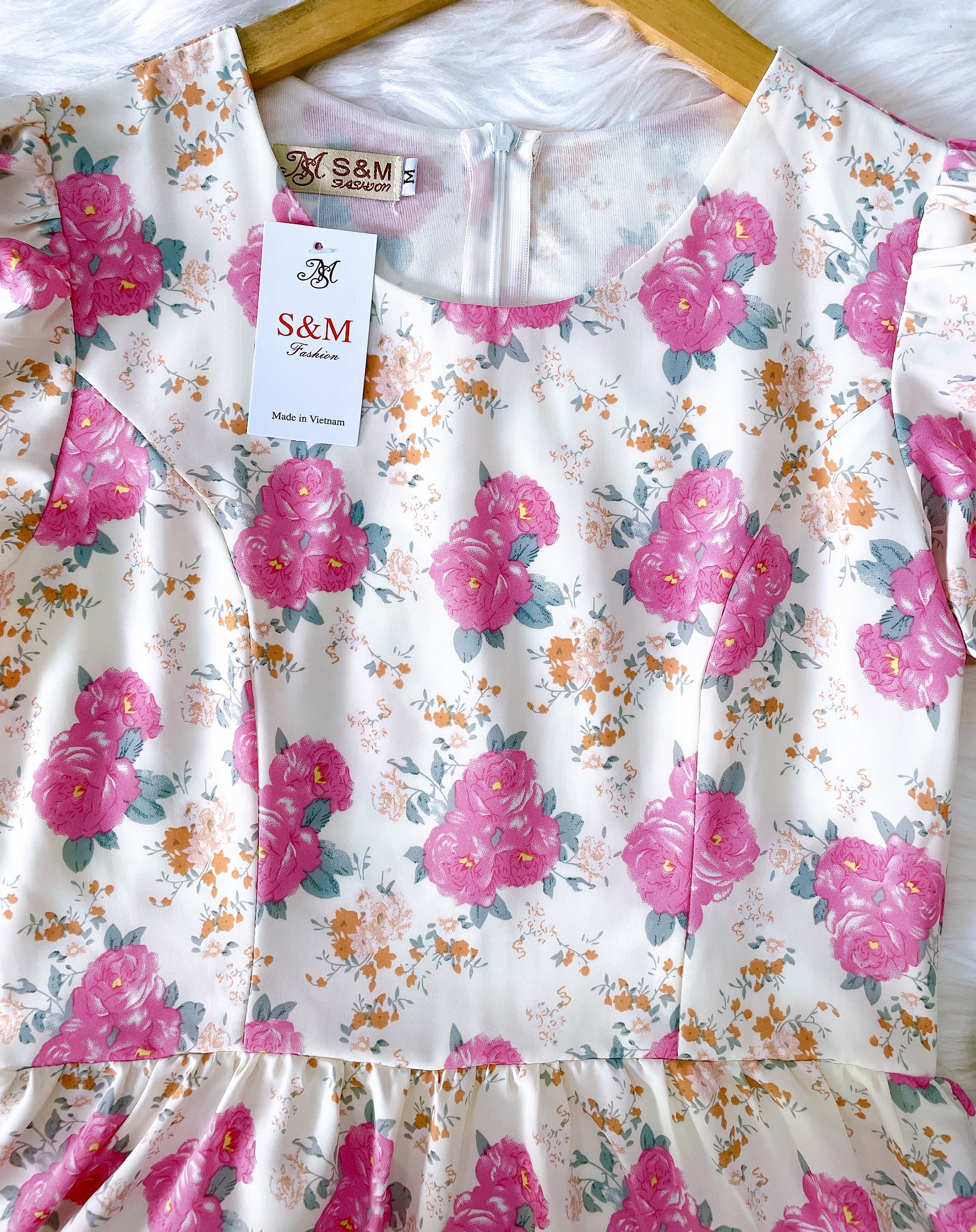Đầm xòe hoa tay phồng bo thun, bèo tầng Misa - MS0267