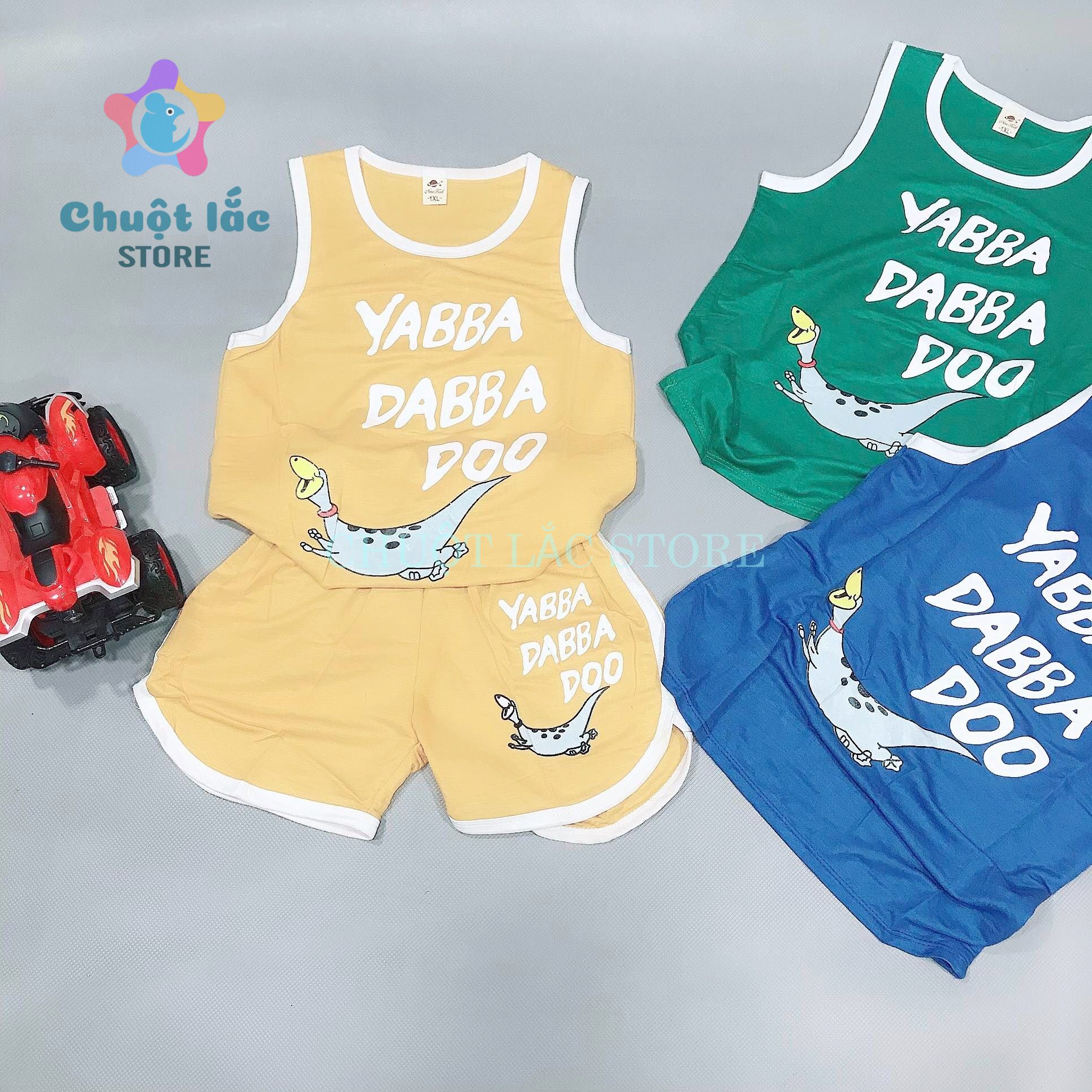 [HCM]Bộ quần áo ba lỗ bé trai khủng long yabba cotton đũi từ 20kg đến 35kg