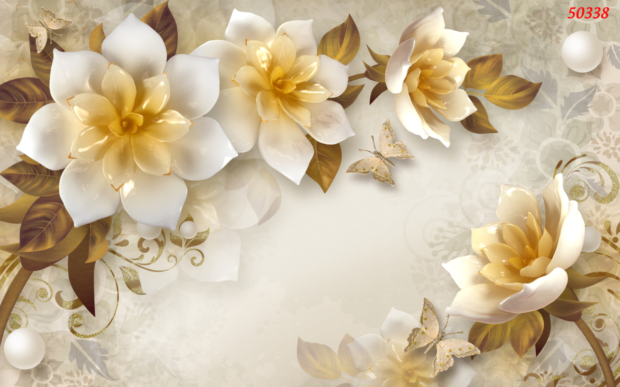 Tranh dán tường 3D Phòng Khách/ Hoa 3D Ngọc/ Tranh Lên Màu Sắc Nét- Đóng Gói Cẩn Thận(Đã tích hợp sẵn keo),,338