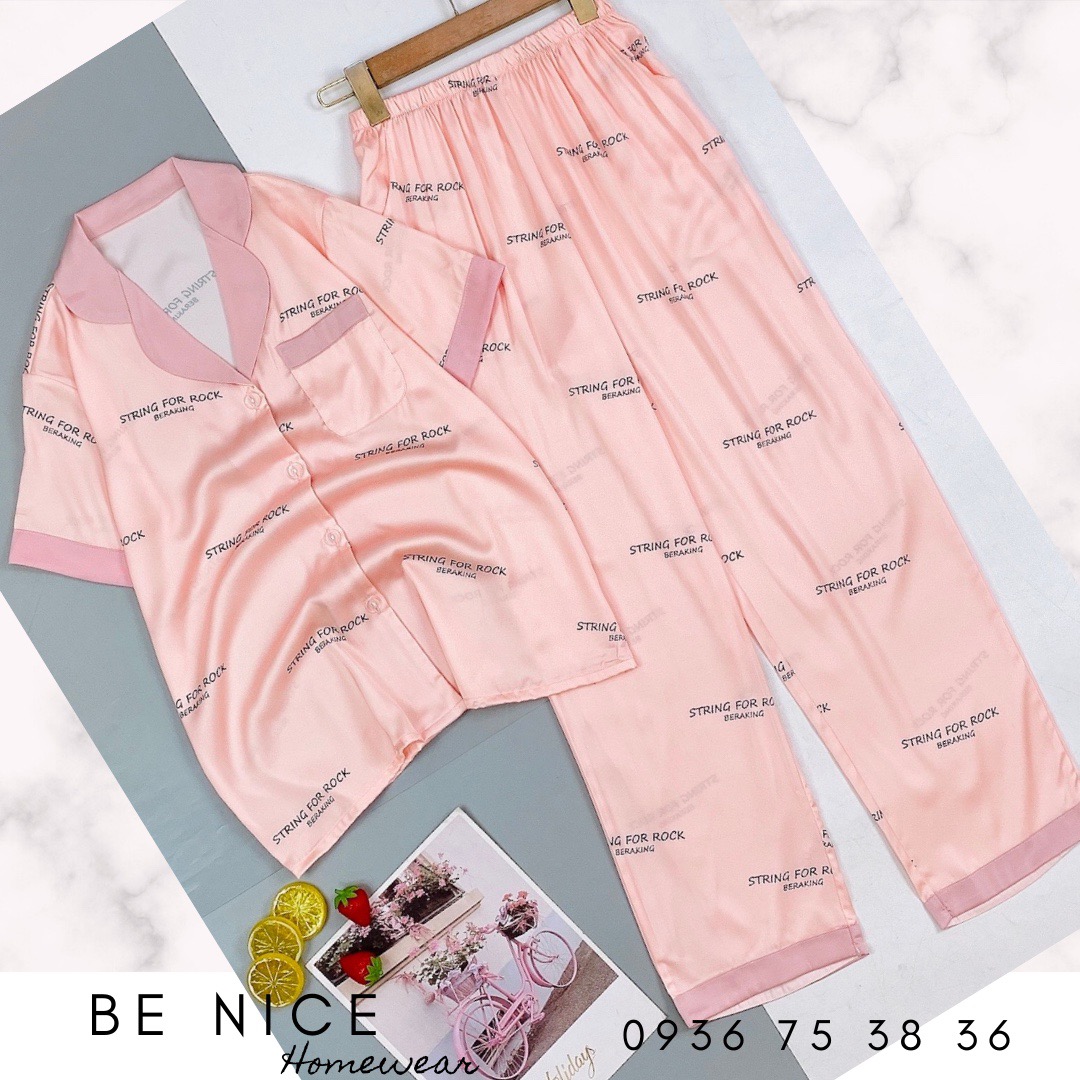 Set pijama lụa mặc nhà cổ phối màu tay ngắn quần dài