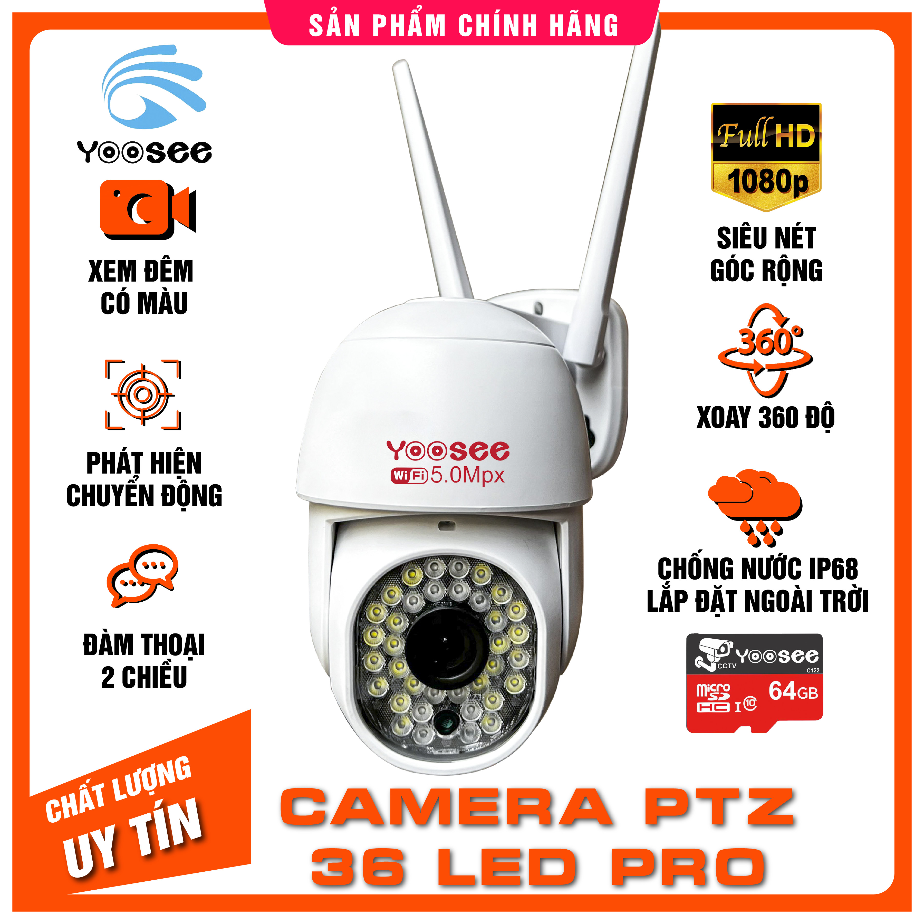 Camera IP Yoosee Ngoài Trời PTZ 36LED FHD 1080P Tiếng Việt - Góc Rộng - Siêu Nét - Xem đêm có màu