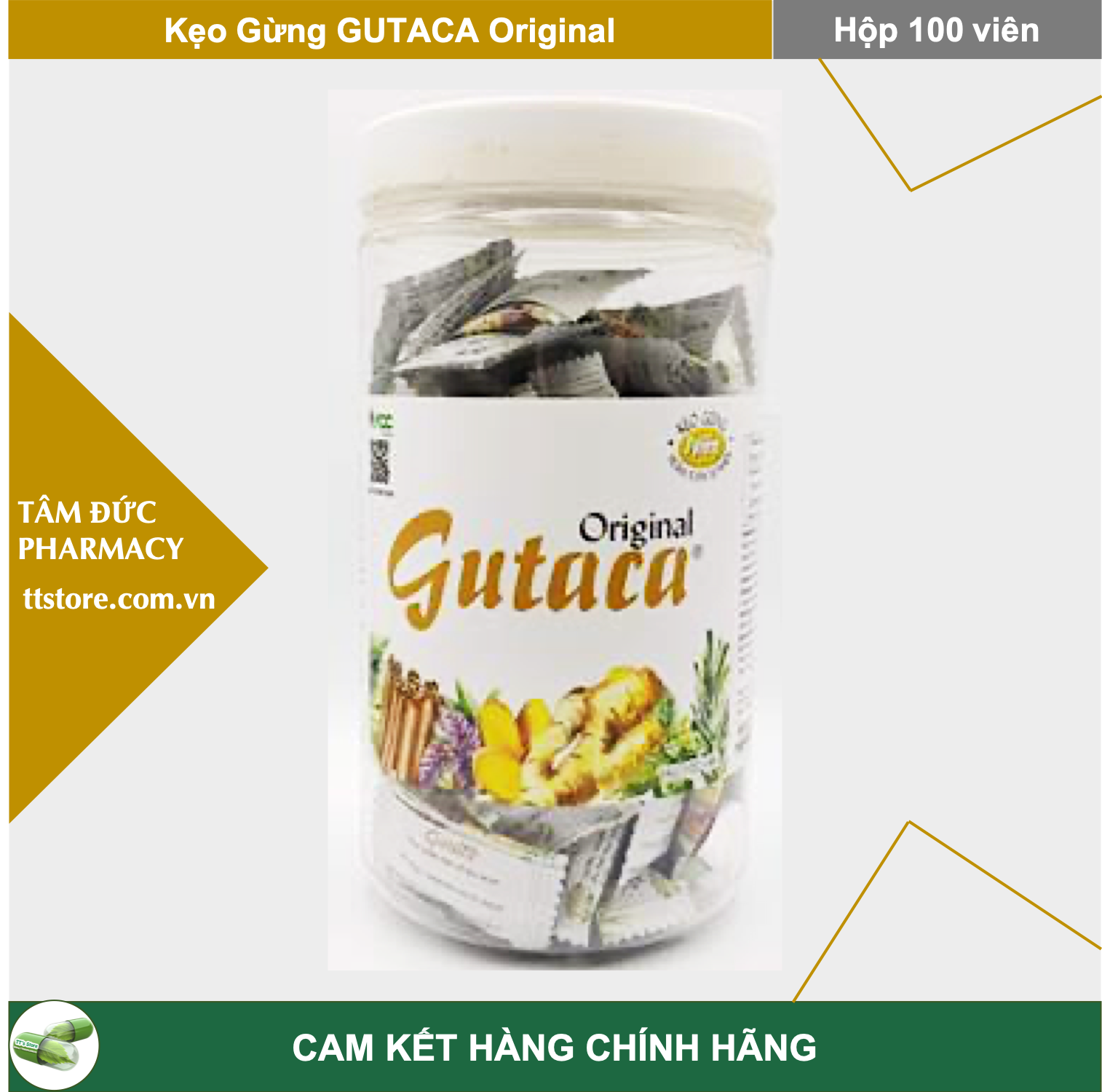Kẹo Gừng GUTACA Original Hộp 100 viên - Làm ấm bụng, hỗ trợ tiêu hoá