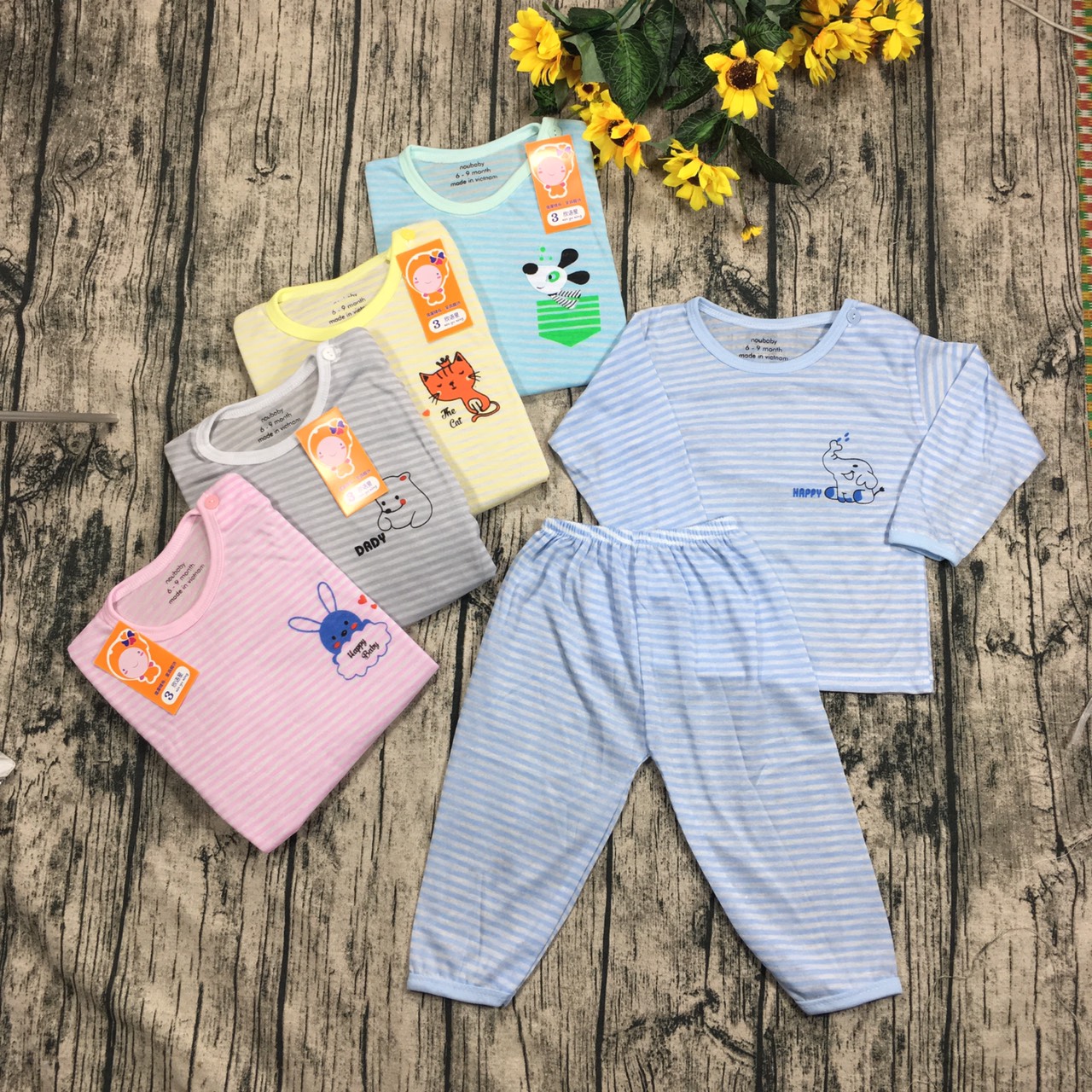 Combo gồm 5 Bộ quần áo dài tay cotton kẻ cho bé  4-13kg cúc cài vai Ảnh + Video thật -Quần áo trẻ em quần áo dài sơ sinh