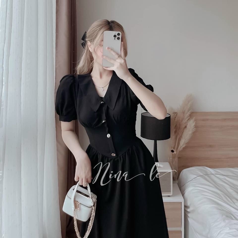 HOÀN TIỀN 15% - ĐẦM VINTAGE CỔ BÈO TAY PHỒNG DÁNG MAXI DÀI CỔ ĐIỂN ĐÍNH NÚT CHẤT VẢI UMI