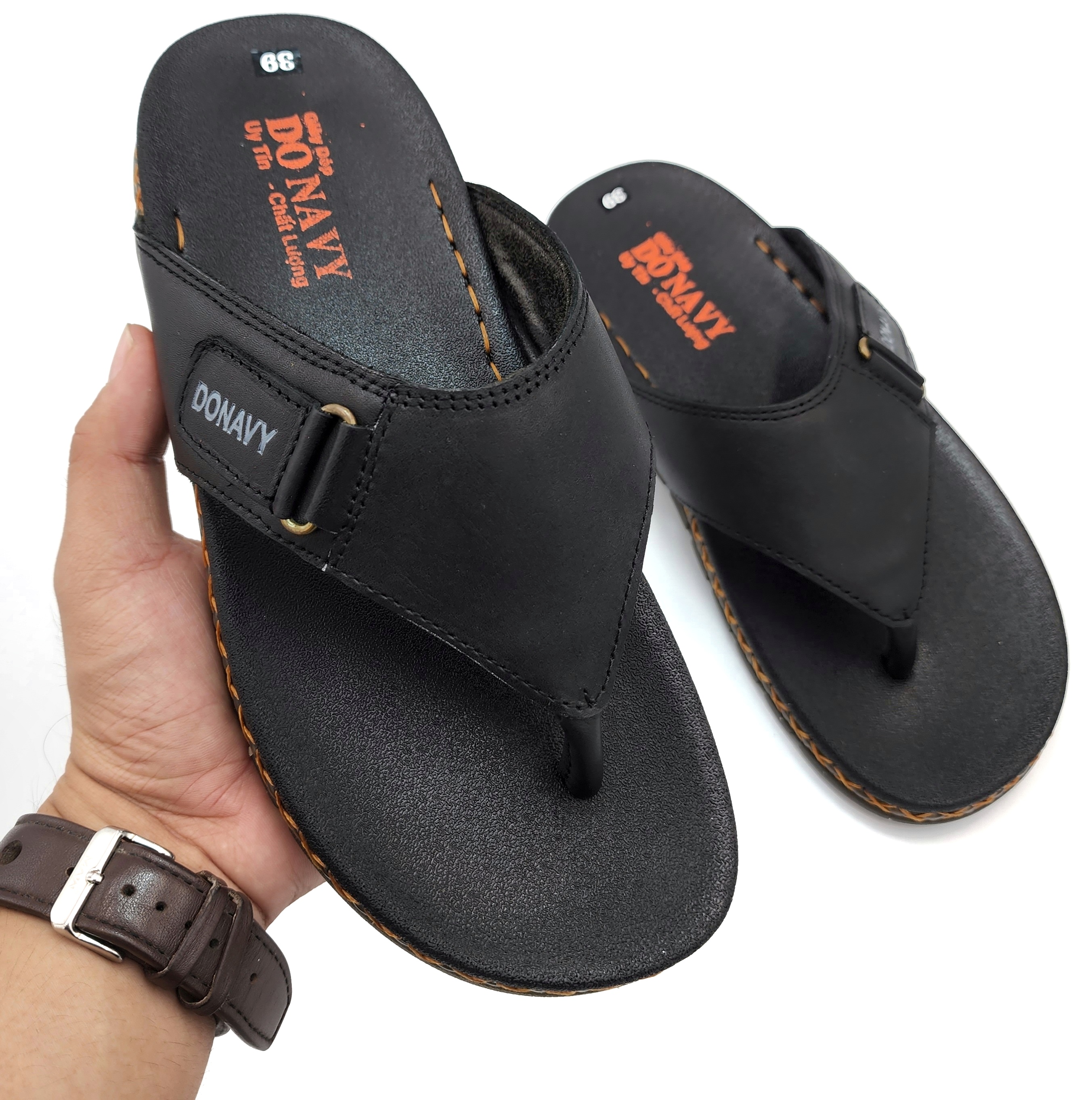 Dép xỏ ngón nam da bò thật 100%, thiết kế đế doctor may dấu x chắc chắn d.kdt-kkdo