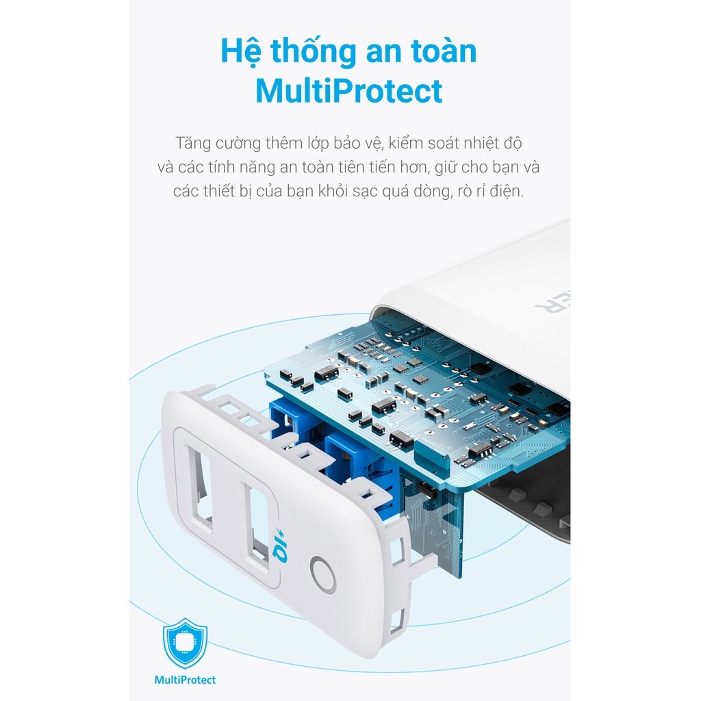 Củ sạc Anker 24w 2 cổng USB A max 12w/port dành cho ip/ipad/ipod/android