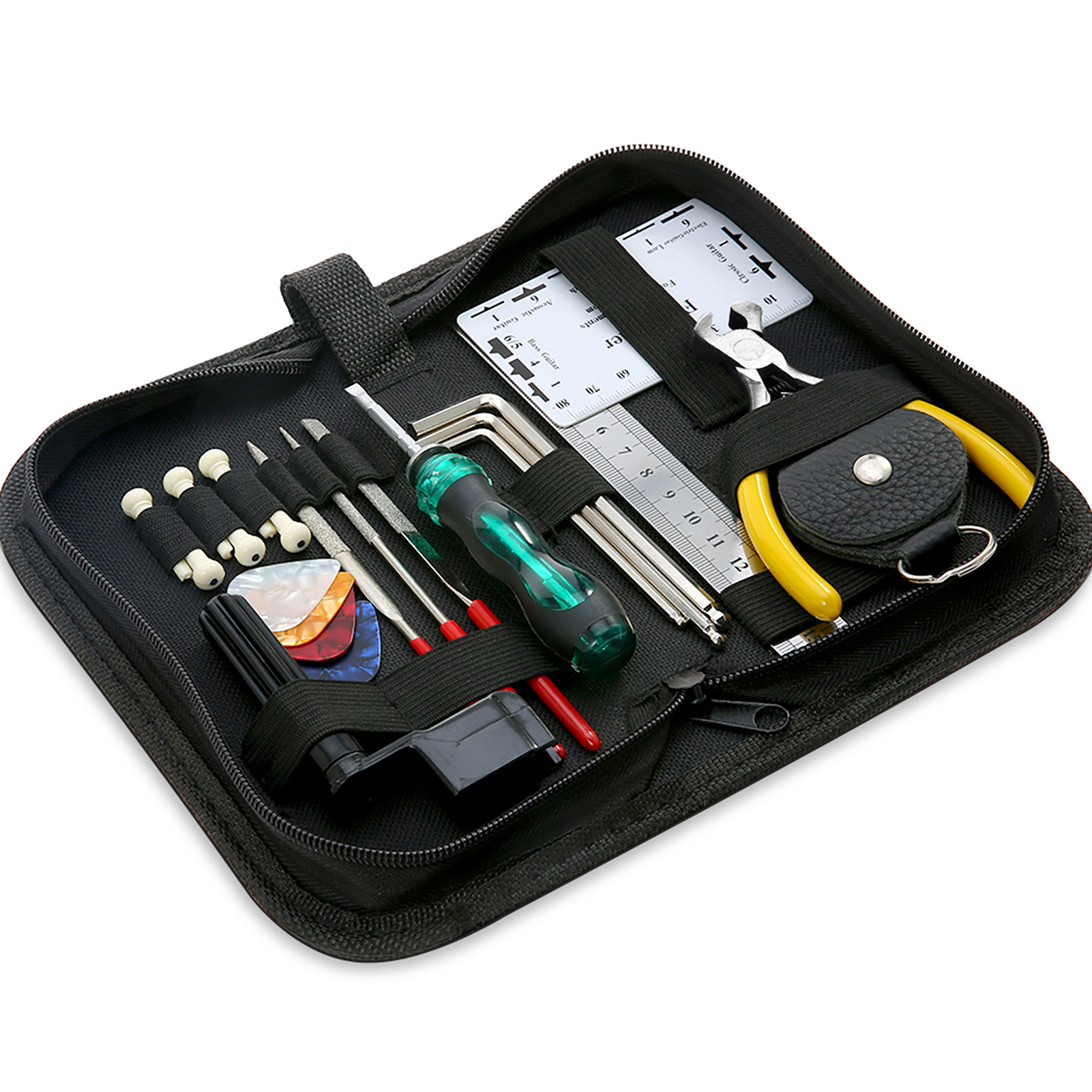 Guitar Repairing Maintenance Cleaning Tool Kit Includes String Action Ruler & Gauge Measuring Tool & Hex Wrench Set & Files & String Winder & String Cutter & Bridge Pins & Picks & Picks Bag for Guitar Ukulele Bass Mandolin Banjo