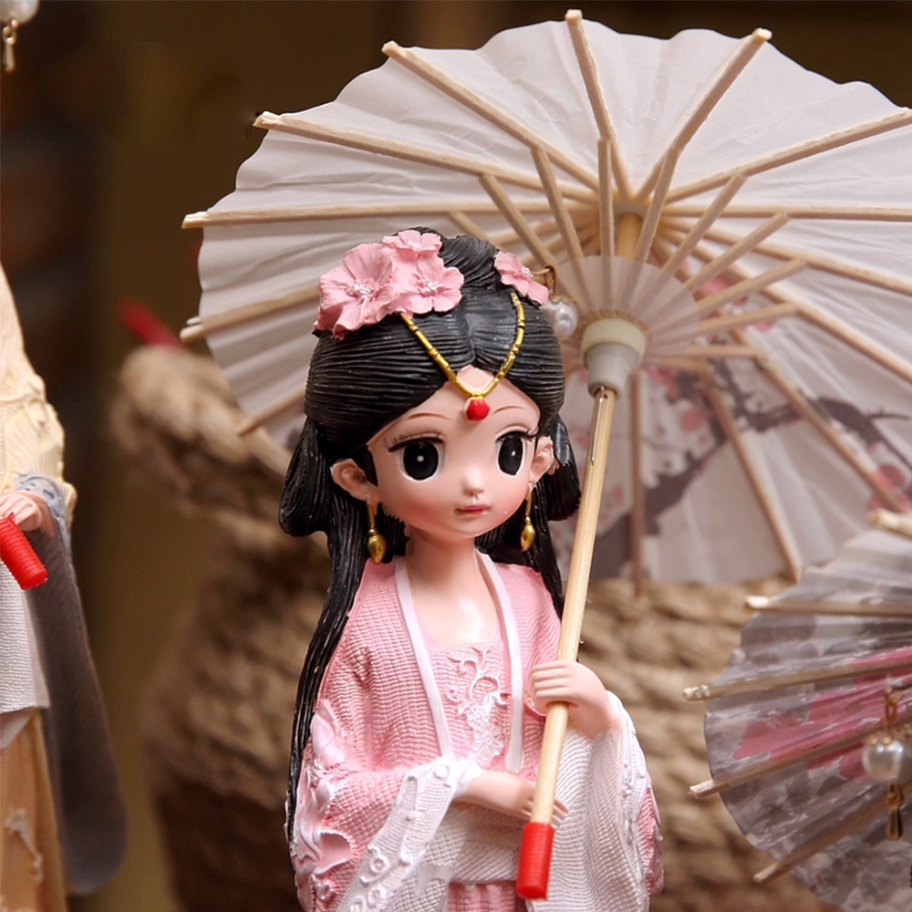Tượng chibi thiếu nữ cổ trang che ô 3D sinh động 25cm