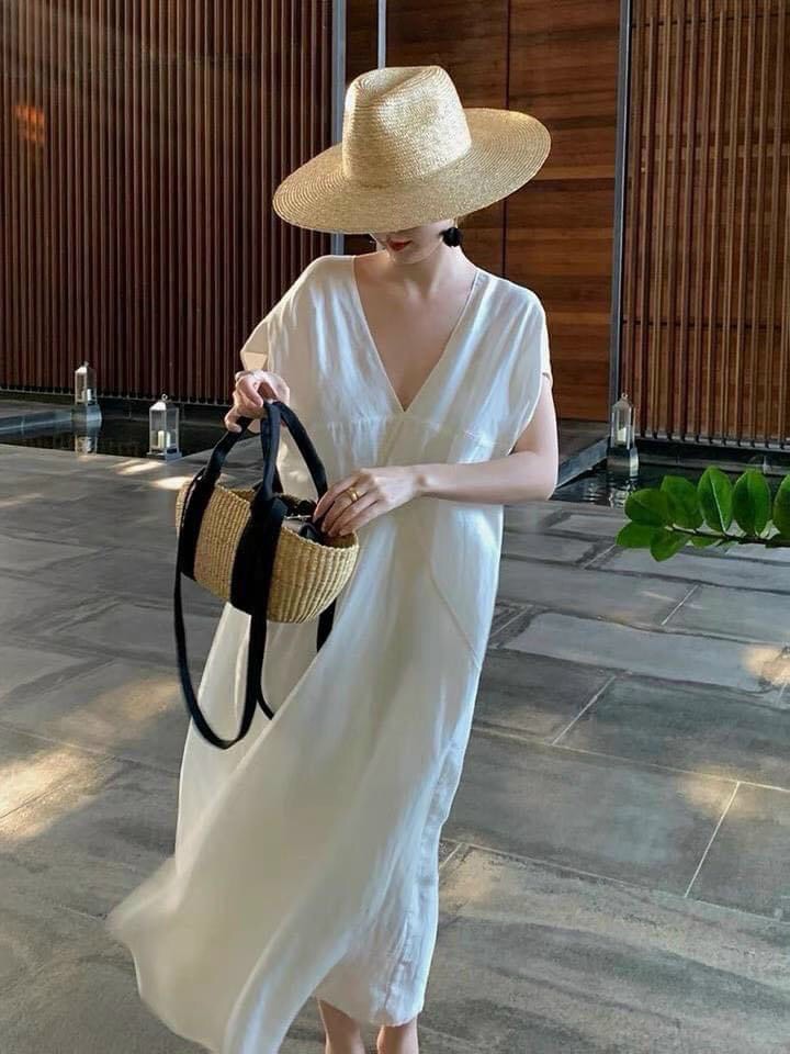 [Ảnh thật] Đầm maxi oversize cổ V tay cánh dơi