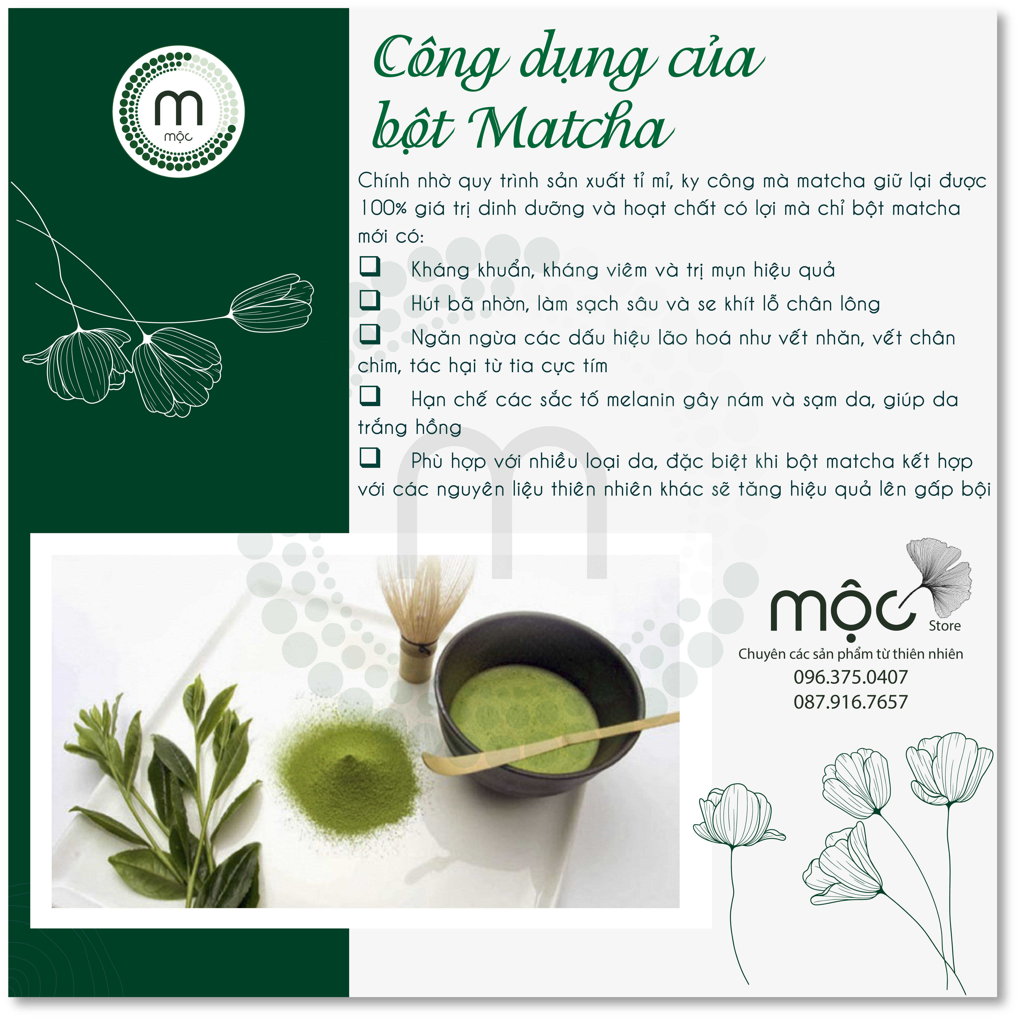 Bột mặt nạ Trà Xanh Matcha MỘC dưỡng da ngăn ngừa mụn mụn giảm thâm nám nguyên chất từ thiên nhiên túi dùng thử 10g, 30g và 100ml handmade