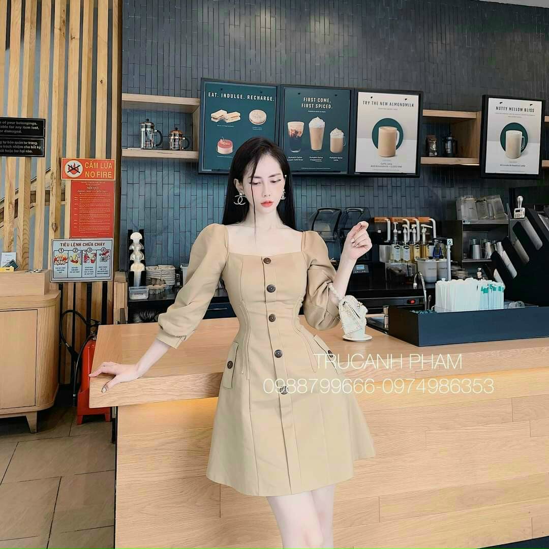 Đầm tay dài nút bọc-TH#damnu