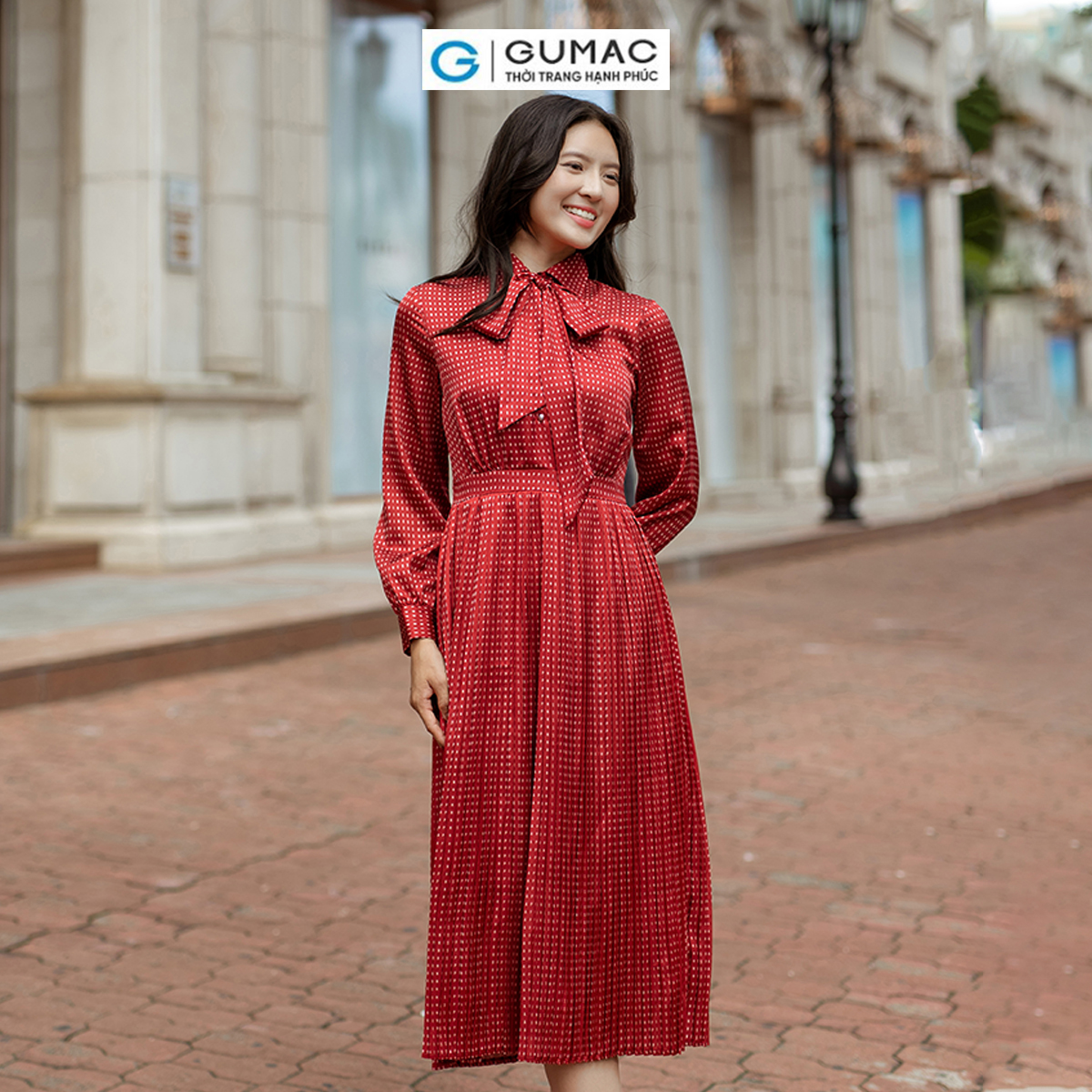 Đầm nữ dập ly buộc nơ thời trang GUMAC DD06042