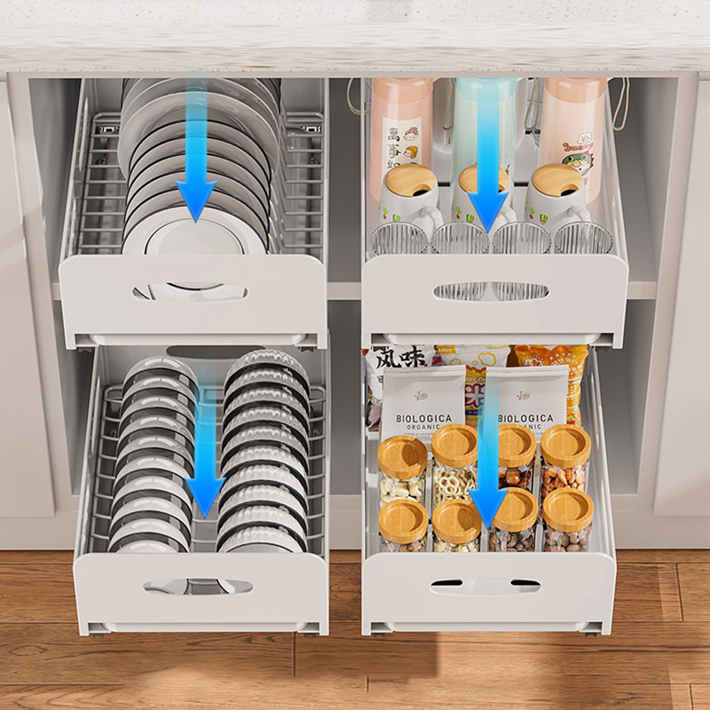 Drawer kitchen dish rack Kitchen cabinet built-in pull-out tray tray storage rack Household drawer cutlery cup rack