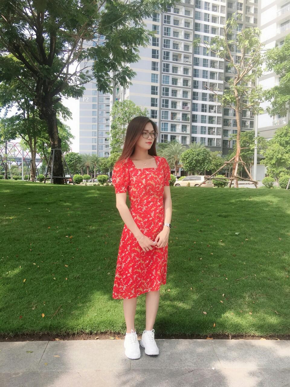 [HCM]Đầm Hoa nhí cổ vuông tay phồng