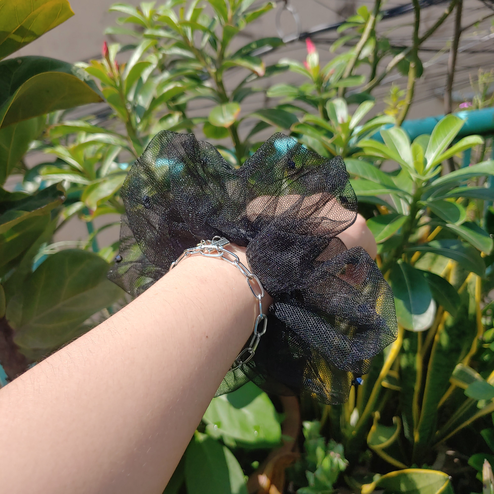 [HCM] Đinh Đang Handmade _ Cột tóc vải lưới đen đính hạt pha lê hình dĩa