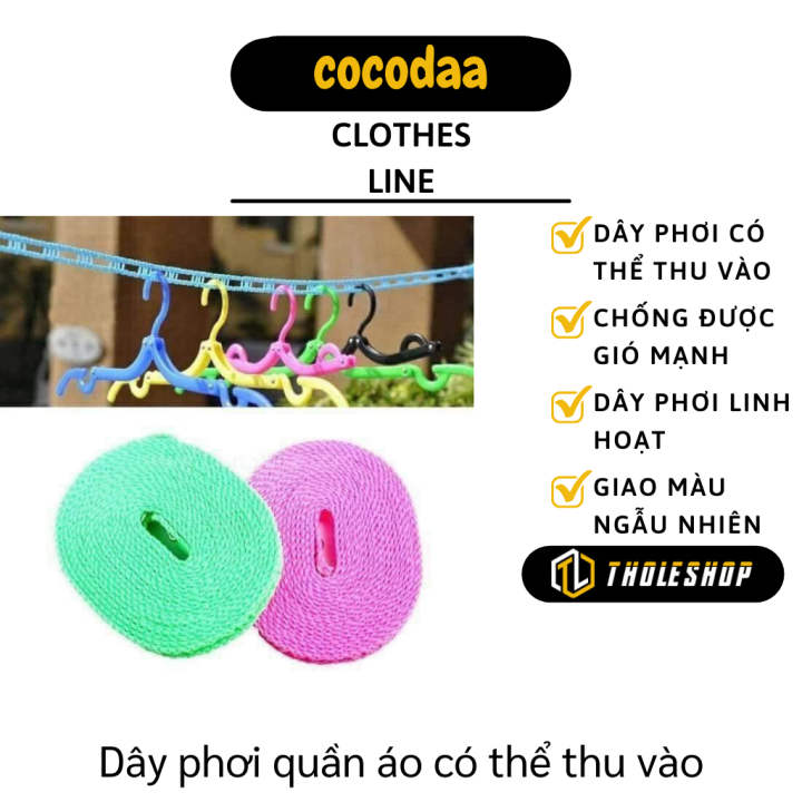 Dây phơi đồ thông minh 5m - Cuộn dây nhựa phơi quần áo bền chắc, có lỗ để treo chống bay móc