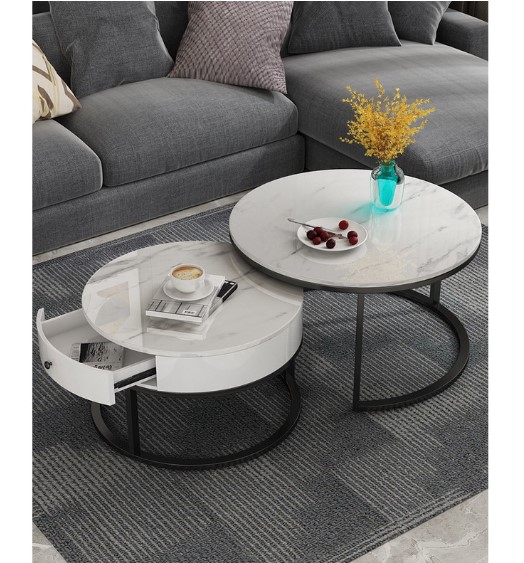Cặp bàn trà sofa tròn, mặt đá 3D, có ngăn kéo