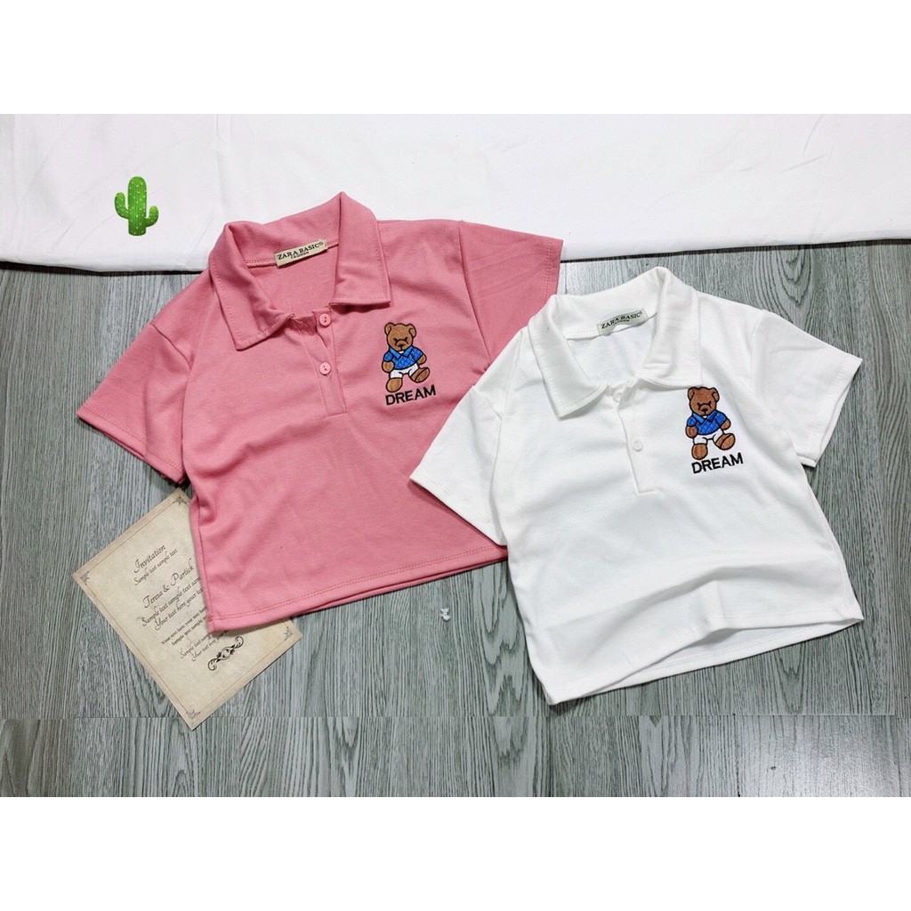 Áo thun croptop cổ bẻ thêu hình gấu dream trên ngực ttpk0032