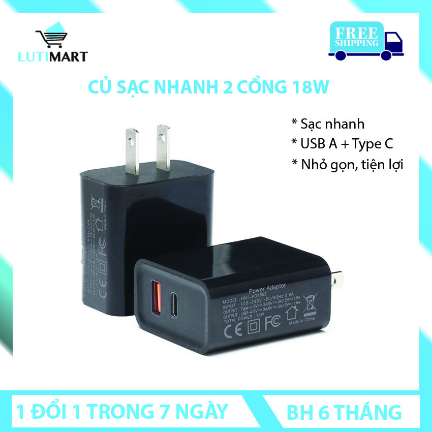 Cốc Củ Sạc Nhanh đa năng 2 cổng USB và Type-C Quick charge 3.0 cho smartphone Tablet. 1 ĐỔI 1 TRONG 7 NGÀY, BẢO HÀNH 6 THÁNG BỞI LUTIMART