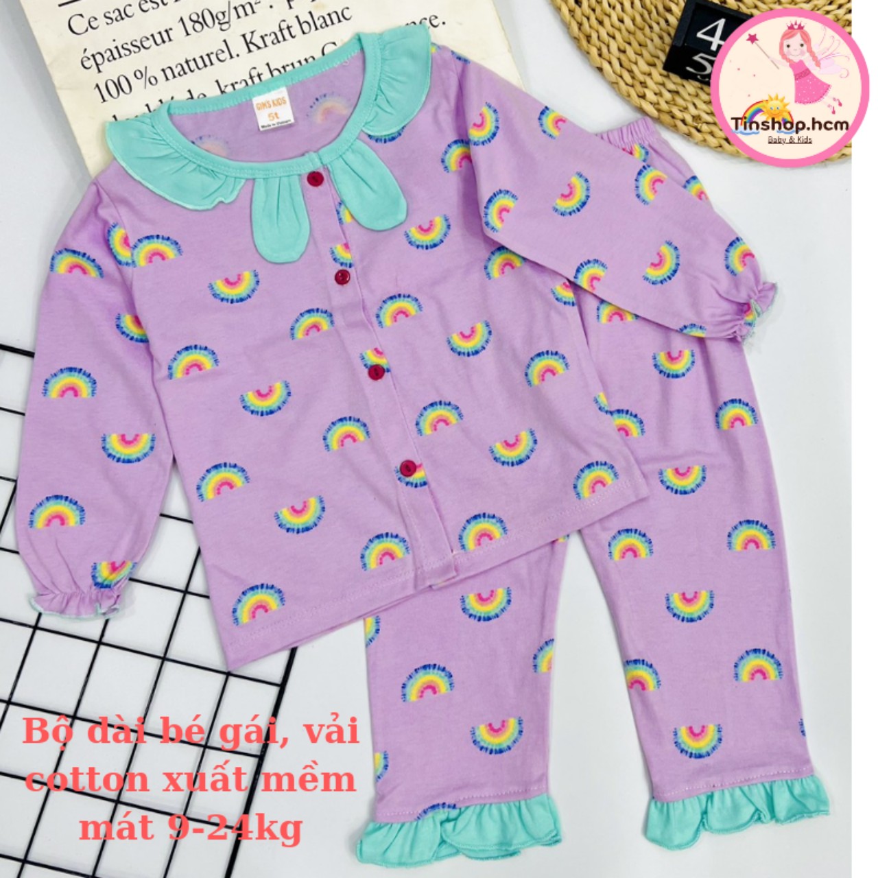 Đồ bộ bé gái - quần áo dài tay bé gái thu đông cotton xuất cài nút 9-22kg