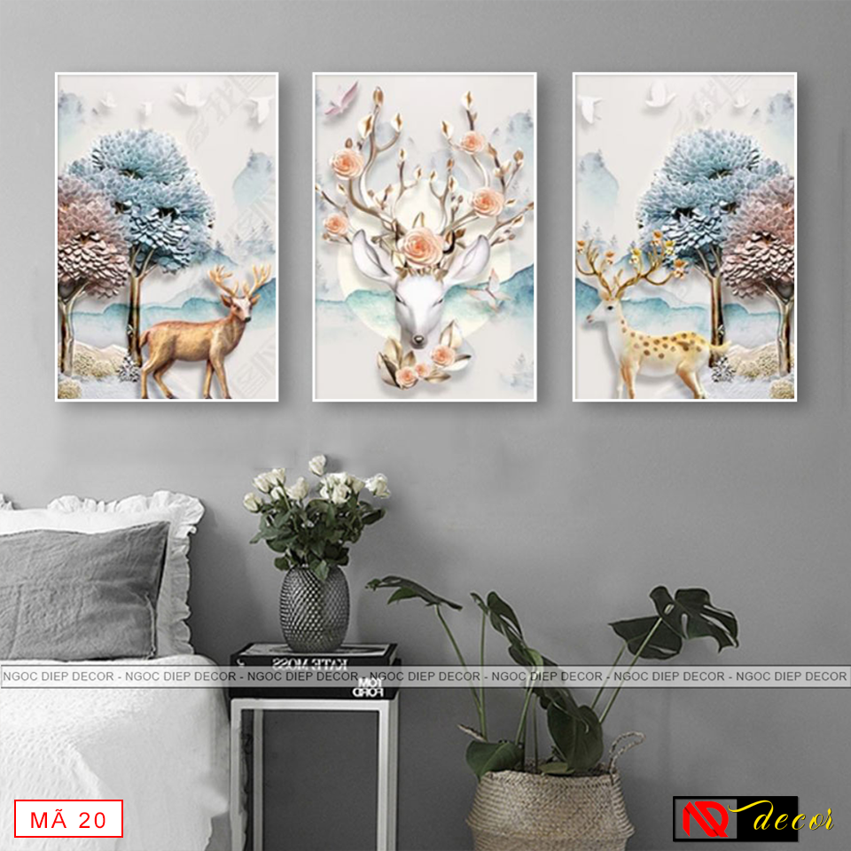 Tranh dán tường phòng khách hiện đại Hươu 3D -Tranh décor phong cách hiện đại