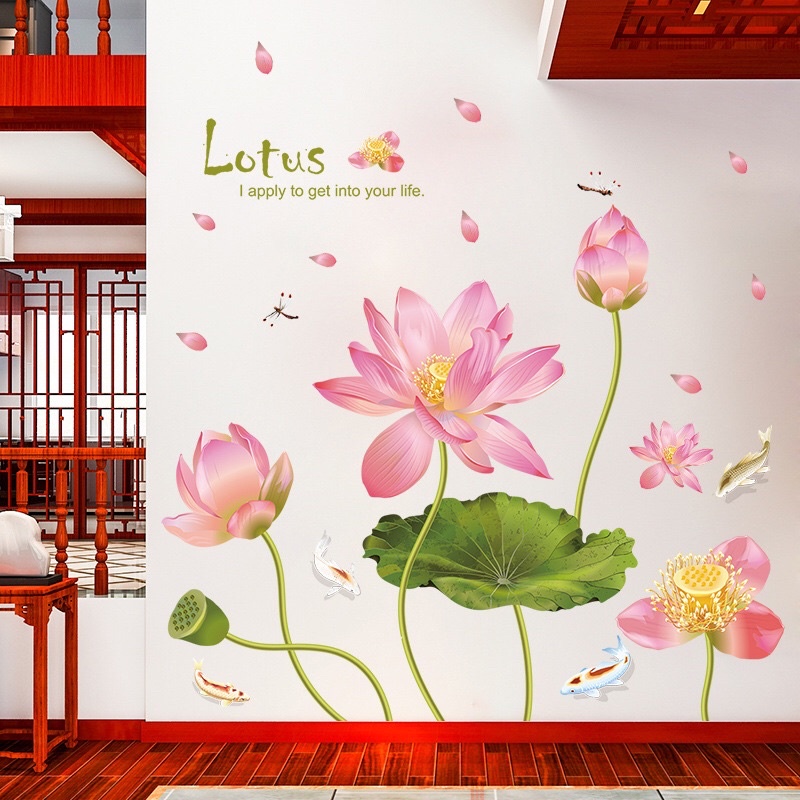 Decal dán tường sen hồng cánh to.