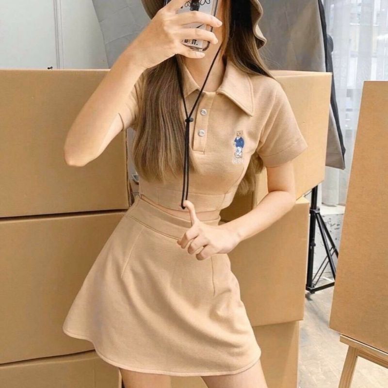 SÉT CHÂN VÁY, ÁO CROPTOP CỔ SƠ MI MẪU HOT TREND FORM 50KG TRỞ LẠI