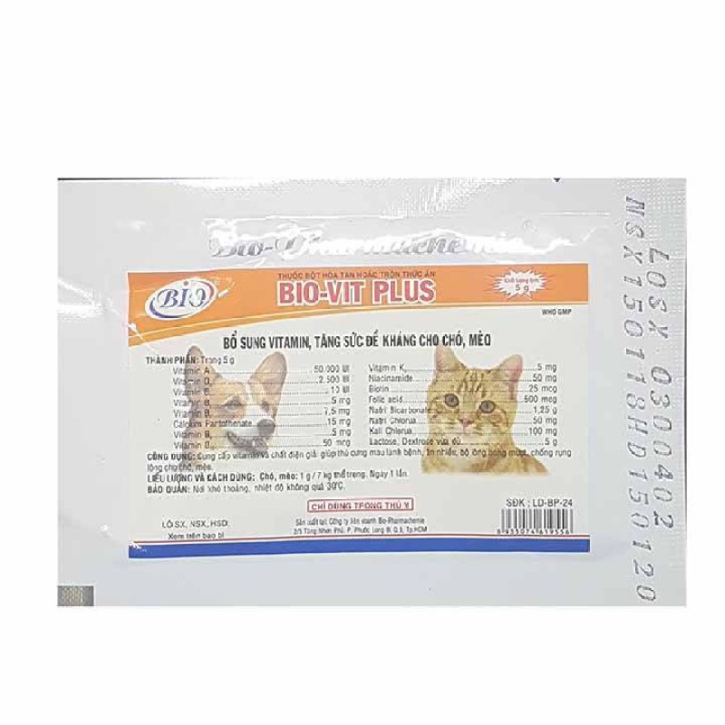 Bổ sung vitamin tăng sức đề kháng cho chó mèo Bio-Vit Plus 5g