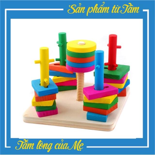 Bộ thả cọc hình khối 5 cọc zíc zắc, đồ chơi trí tuệ, đồ chơi gỗ,luyện tay luồn cọc