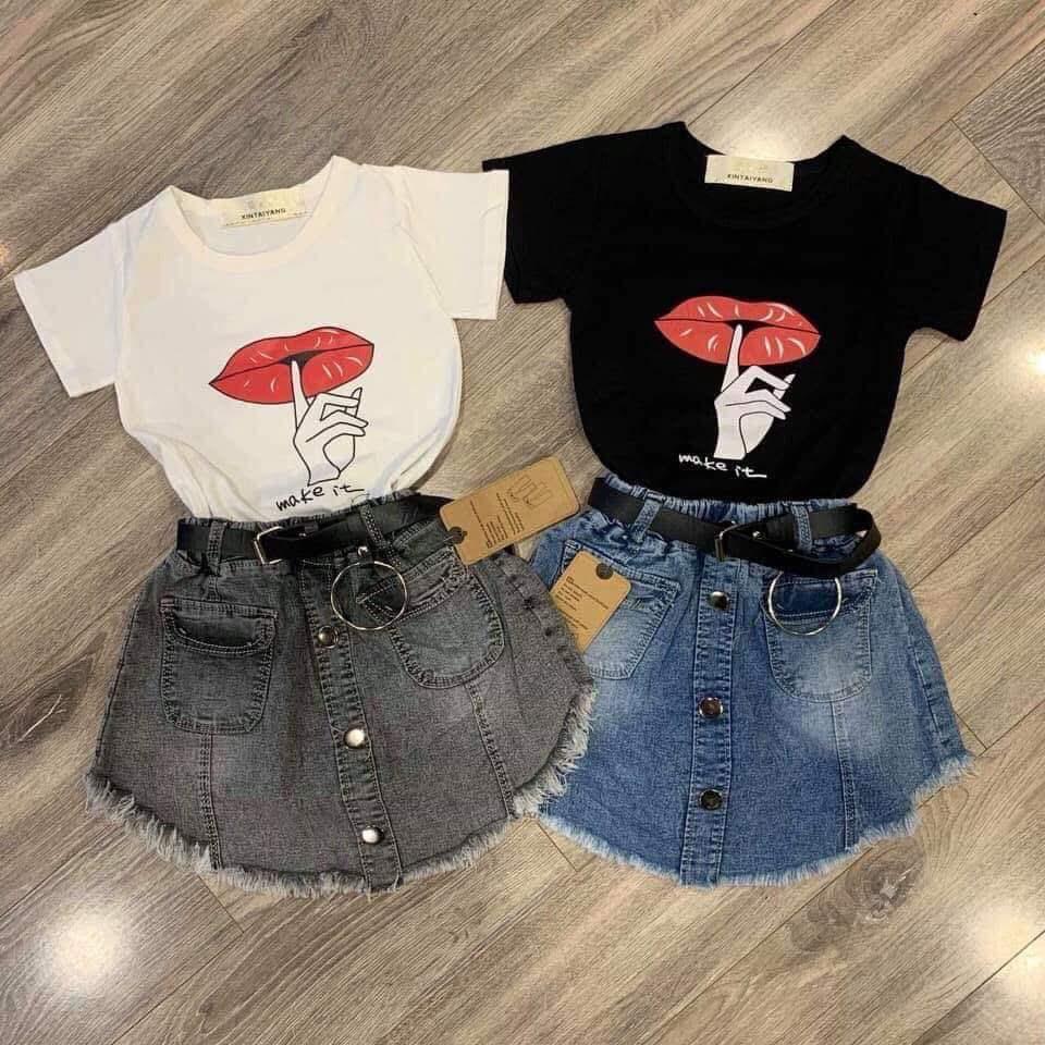 Giá bán Set áo thun chân váy jean kèm belt bé gái