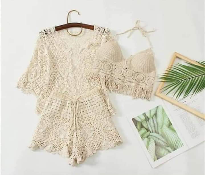 Bikini len đi biển nữ, set 3 món ren tua tròn hàng Quảng Châu cao cấp Vivi Shop