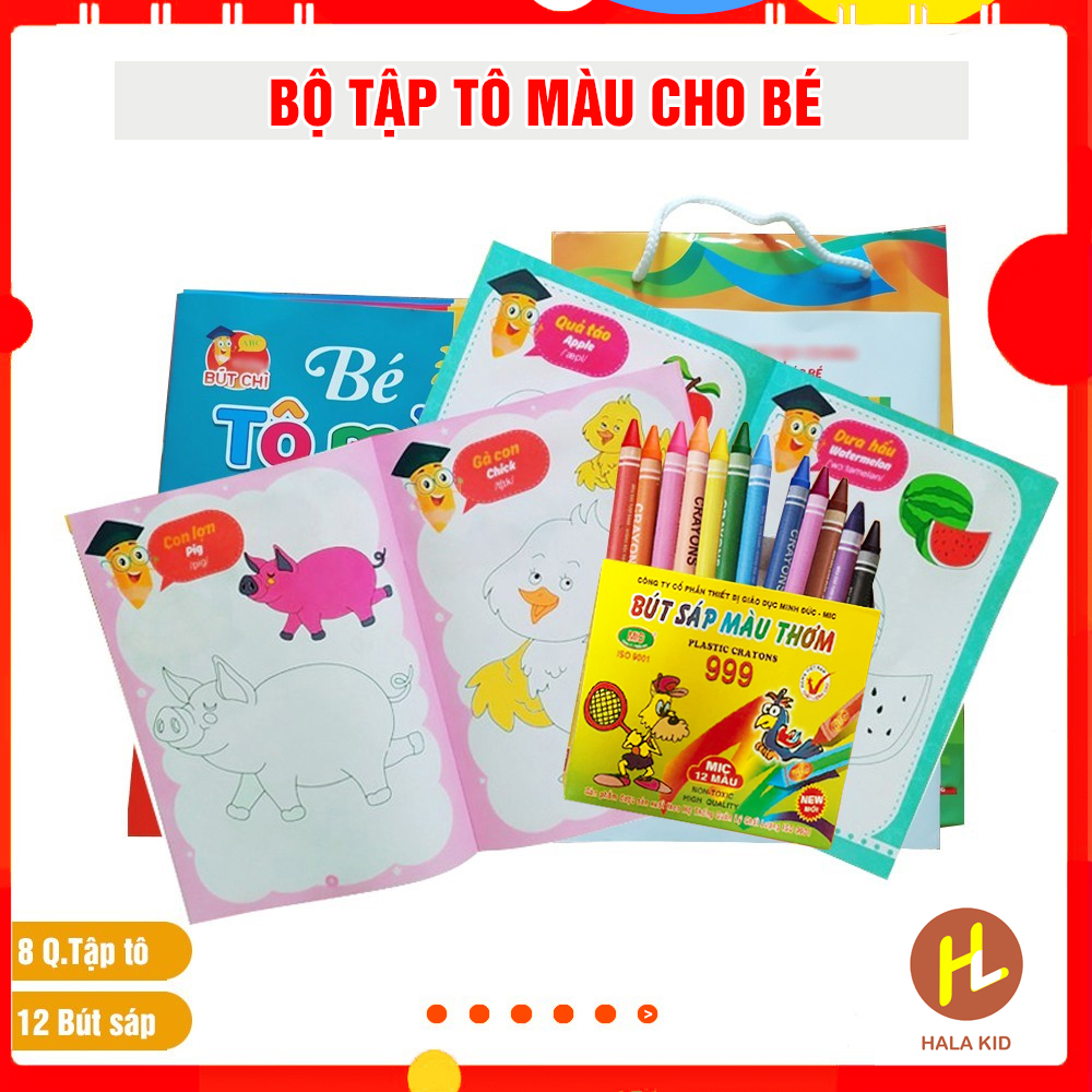 Bộ tập tô cho bé: Hộp 12 sáp màu và Set 8 tập tô màu cho bé 3-4 tuổi