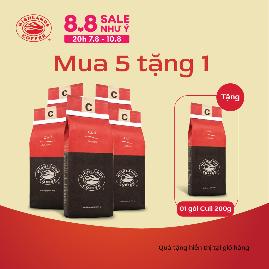 [Hot Deal: Buy 5 Packs and Get 1 Pack of Moka 200g for Free] Combo of 5 Culi Highlands Coffee 200g Roasted and Ground Coffee. Gifts (Within the Limited Quantity Range) Are Shown in the Shopping Cart.