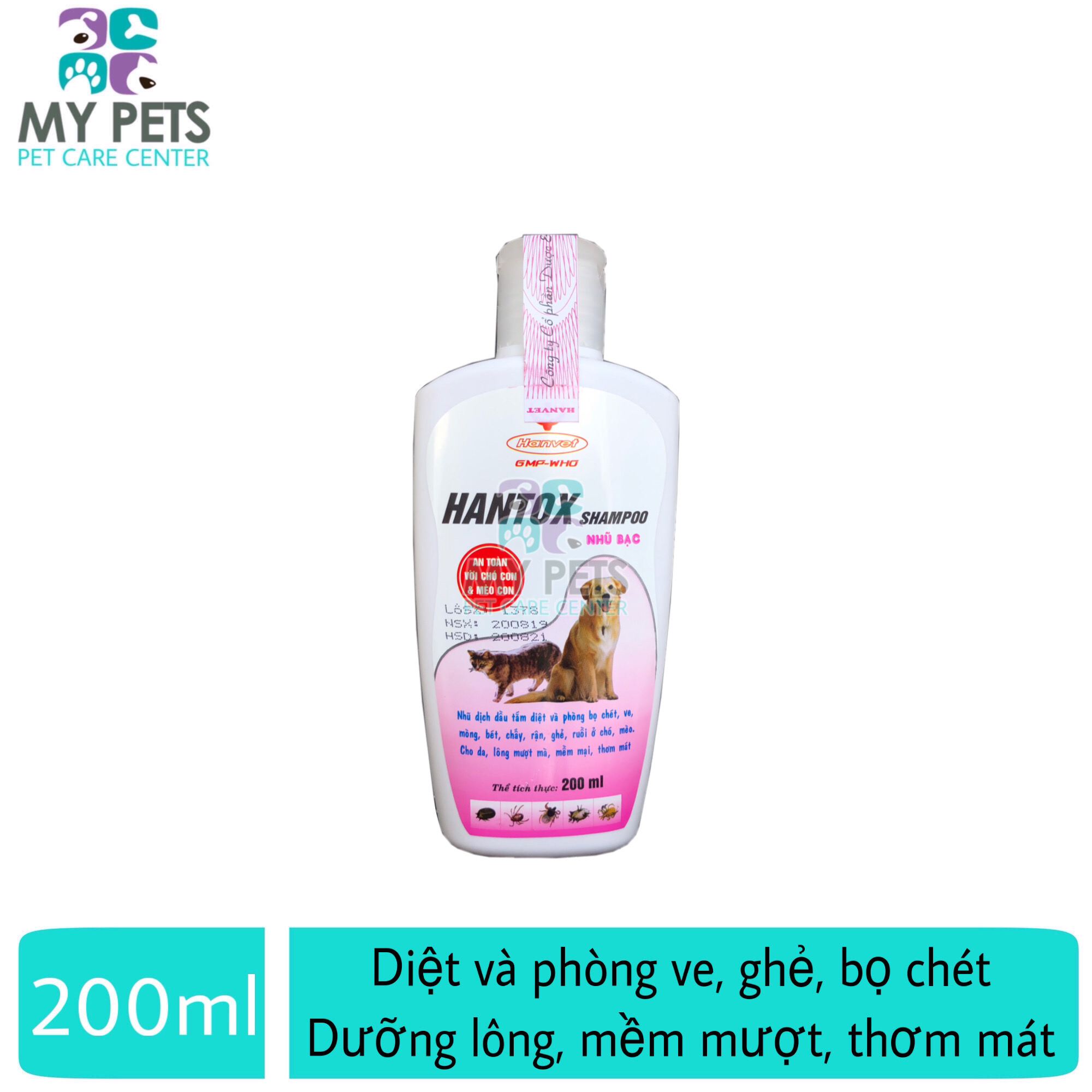 Sữa tắm sạch ve ghẻ dưỡng lông chó mèo Hantox Sampoo Hồng - Chai 200ml