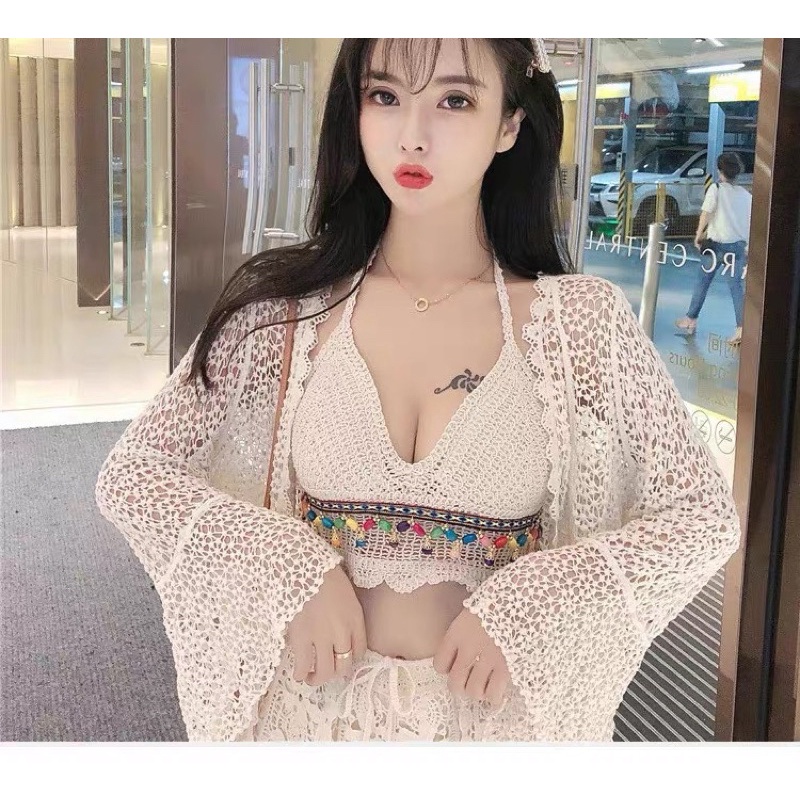 Ảnh shop chụp thật-áo bra len móc đi biển nhiều kiểu màu be