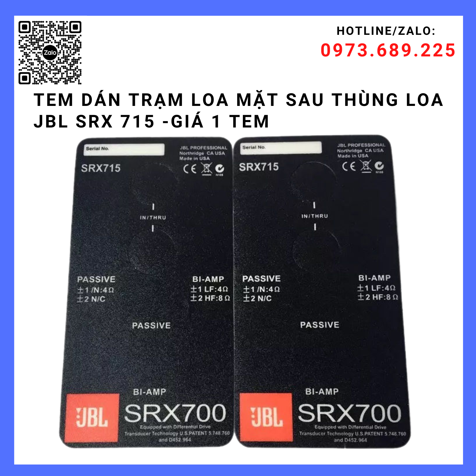 TEM DÁN TRẠM LOA MẶT SAU THÙNG LOA JBL SRX 715  -GIÁ 2 TEM