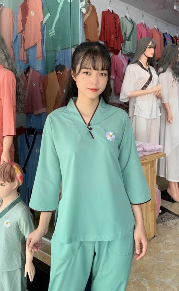Đồ lam đi chùa nữ vải kate Mẫu hoa cúc