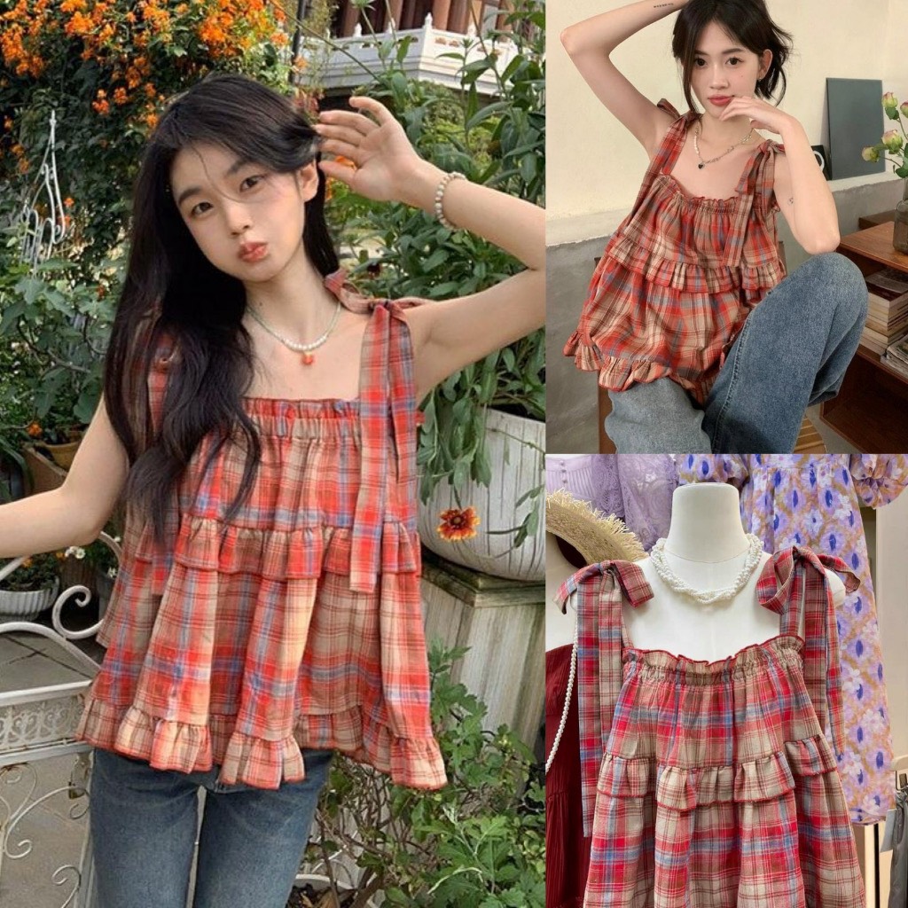 Áo babydoll hai dây kẻ caro đỏ áo 2 dây chun ngực thắt nơ vai viền bèo tầng tiểu thư