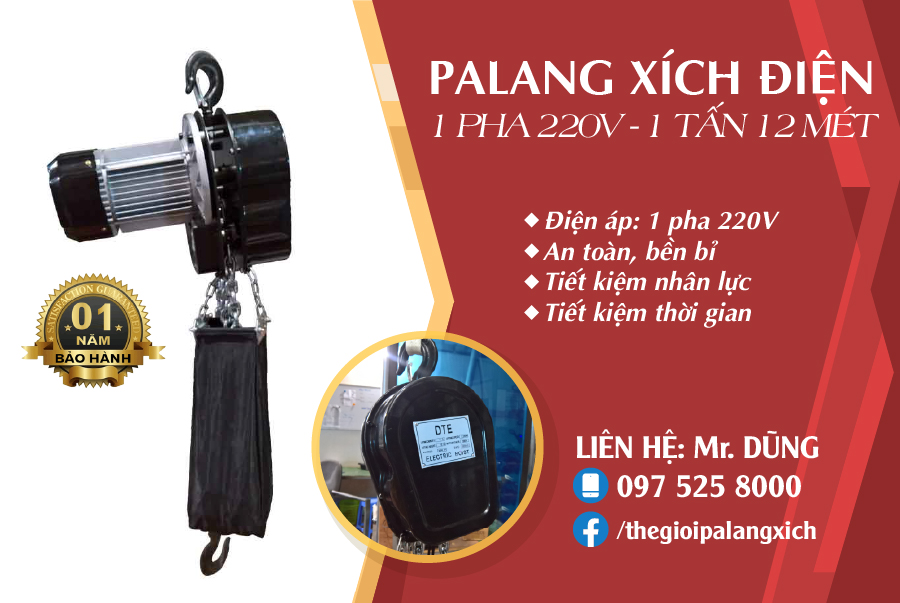 PALANG XÍCH ĐIỆN 1 PHA 220V - 1T 12M (1 TẤN 12 MÉT)