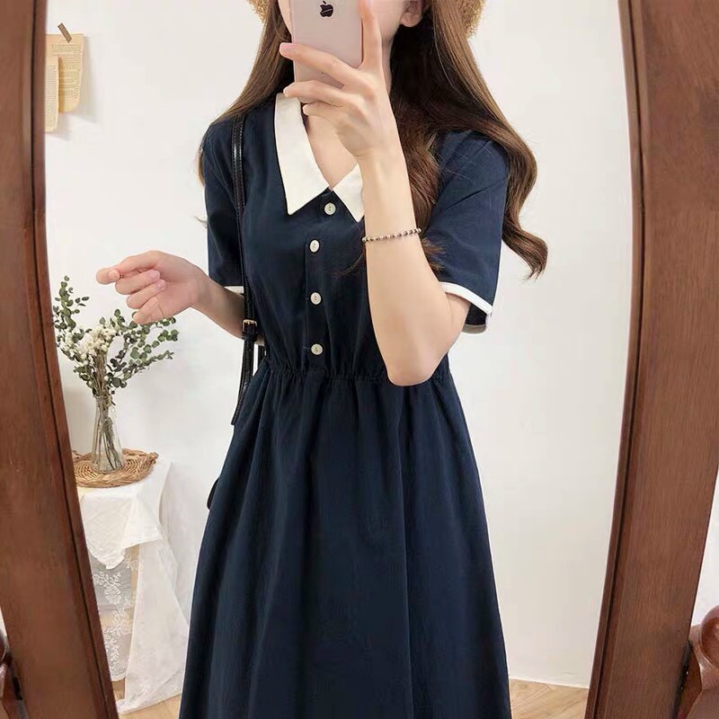 đầm dài suông phối nút cổ bẻ ngắn tay DUTIEC2