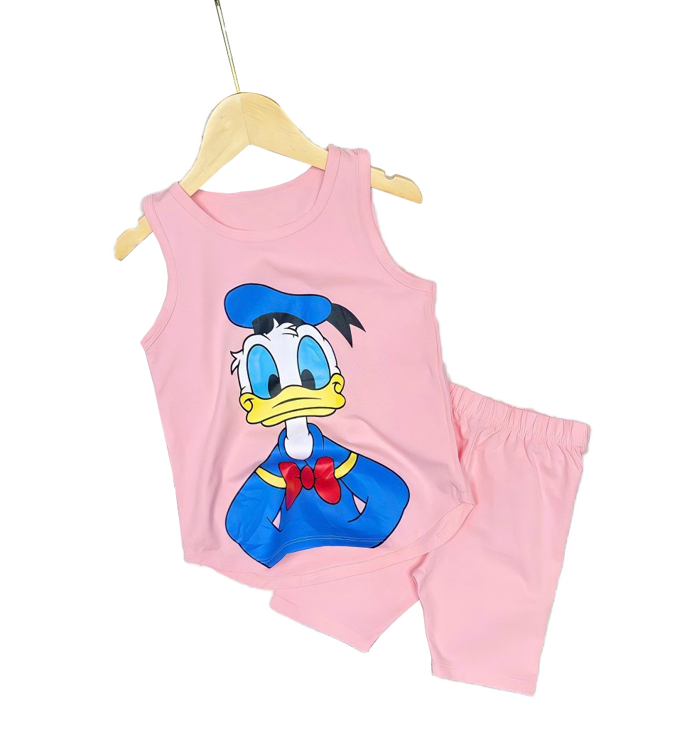 Bộ đồ bé gái quần lửng áo sát nách lai bầu hinh in vịt nơ cho bé gái từ 6kg đến 29kg.BDBG54.