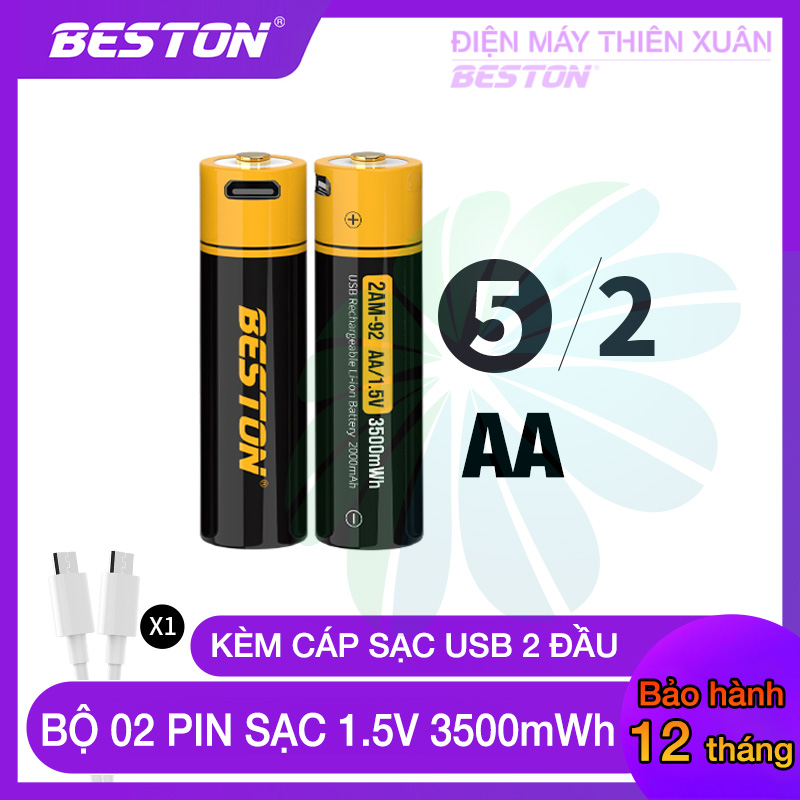 Pin sạc AA AAA 1.5V Beston Lithium-ion (Vỉ 02 Pin) USB dung lượng lớn đến 3500mWh cho Micro karaoke, máy đo huyết áp, máy đo SPO2, đo nhịp tim, đồ chơi trẻ em, đồng hồ, remote điều khiển (Tặng kèm cáp sạc)