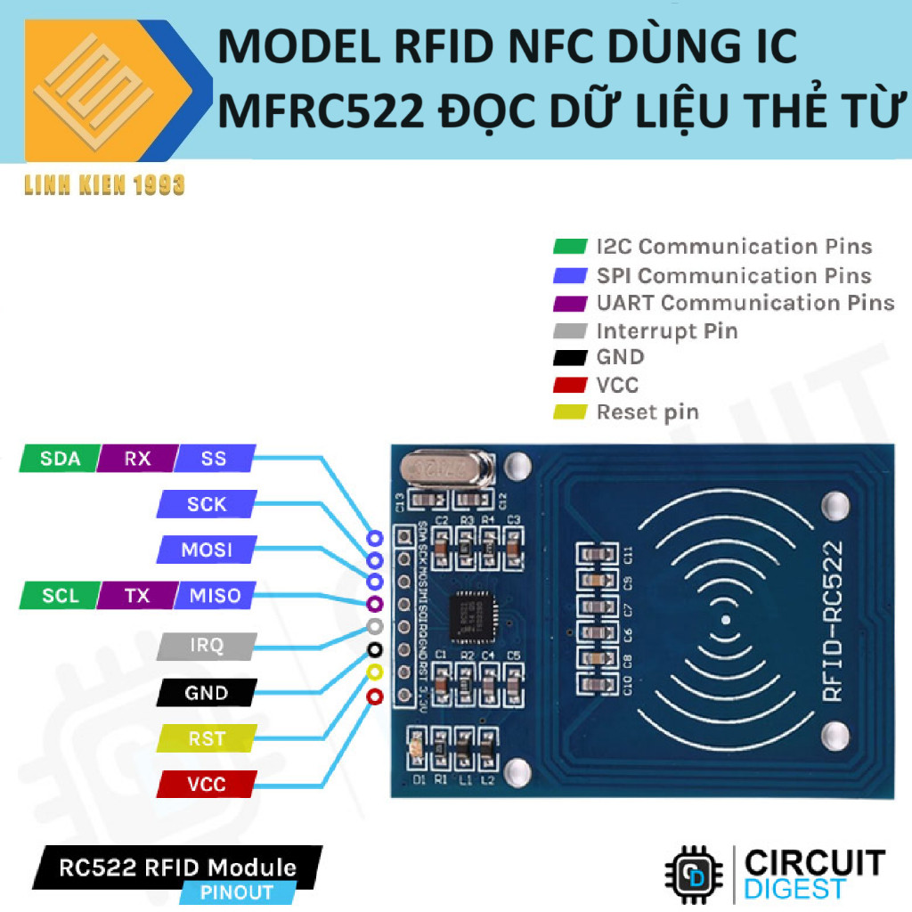 Mạch rfid 13.56mhz rc522,module đọc thẻ từ rfid rc522